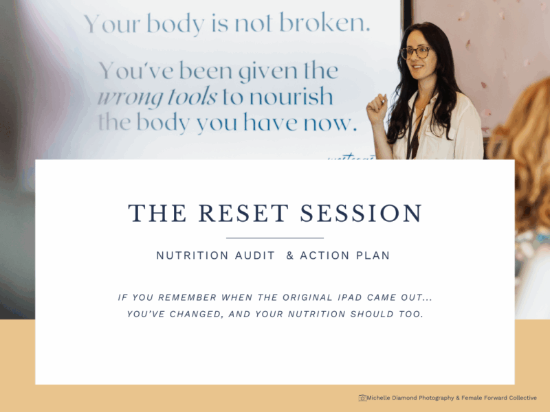 Nutrition Reset Image 2 FFC shot Michelle Shepherd RD speaking at the female forward collective event in Tri Cities BC with text overlay Nutrition Reset Session